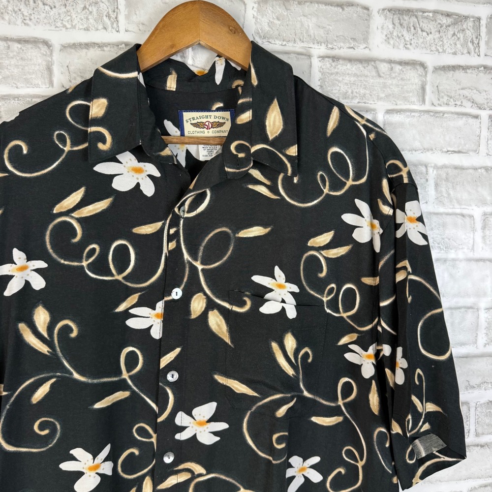 Straight Down Mens Floral Vine Print Rayon Button Down Shirt Black Large USA